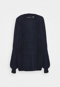 Granatowy kardigan o dzianinowej fakturze, z otwartym przodem, długimi balonowymi rękawami i ściągaczowymi mankietami. Minimalistyczny design bez widocznych zapięć i wzorów.