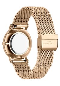 Runder goldfarbener Uhr mit einem Metallnetzband, ausgestattet mit einem glatten, reflektierenden Gehäuse und einem minimalistischen Design. Einfache Schnappverschluss.