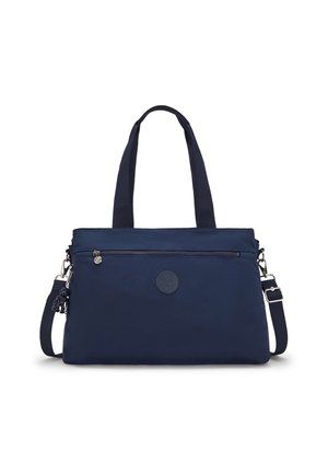 Navy blue handbag made of smooth nylon with dual top handles, adjustable shoulder strap, front zipper pocket, and circular logo detail.