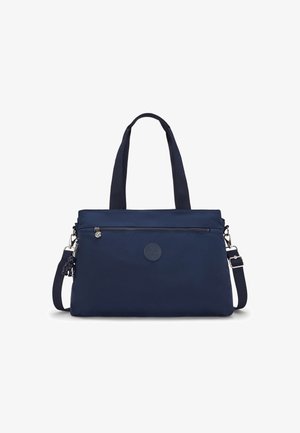 Borsa a tracolla blu navy realizzata in nylon liscio, con doppi manici superiori, tracolla regolabile, tasca frontale con zip e dettaglio circolare del logo.