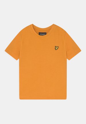 Pomarańczowy t-shirt z krótkim rękawem, okrągłym dekoltem i małym logo ptaka w czarno-żółtych kolorach na lewej stronie klatki piersiowej.