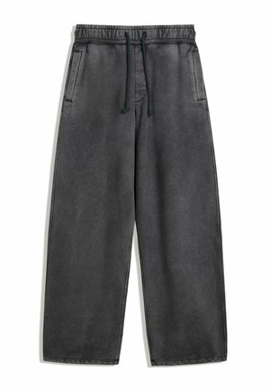 Dark gray wide-leg pants with an elasticized waistband, adjustable drawstring, and side pockets. The material features a smooth texture.