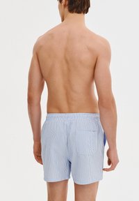 Męskie szorty kąpielowe w jasnoniebieskim kolorze z pionowymi białymi paskami, elastycznym paskiem w talii i jedną tylną kieszenią z guzikiem.