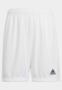 Pantalones cortos deportivos blancos hechos de una tela ligera con una cinturilla elástica, que presentan un logo negro de Adidas en la parte inferior derecha.