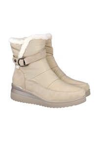 Botas de invierno beige con forro de pelo sintético, correa ajustable con hebilla de metal y suela de goma gruesa para mayor calidez y comodidad.