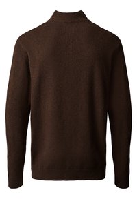 Pull en maille marron foncé à manches longues avec un col montant, des poignets et un ourlet côtelés, vu de dos.