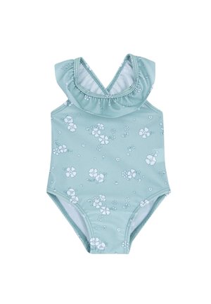 Un costume da bagno verde menta con scollo a volants, caratterizzato da un motivo floreale bianco. Ha una schiena a V ed è realizzato in tessuto elastico.
