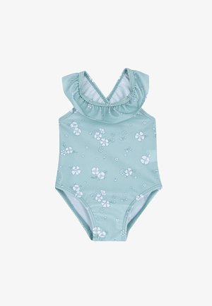Un costume da bagno verde menta con scollo a volants, caratterizzato da un motivo floreale bianco. Ha una schiena a V ed è realizzato in tessuto elastico.