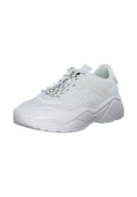 White athletic shoes with a textured mesh upper and solid side panel, featuring black and white laces and a chunky rubber sole.