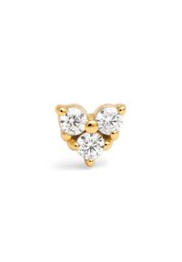 Pendiente de oro con tres piedras preciosas transparentes redondas dispuestas en un patrón triangular y pequeños acentos redondeados.