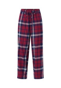 Gestreepte pyjamabroek in rood, marineblauw en wit. Gemaakt van zacht stof met een elastische tailleband en trekkoord voor een verstelbare pasvorm.