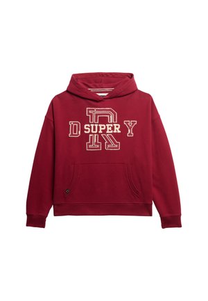 Sudadera roja hecha de suave algodón, que presenta un gran logo de "SUPER" y un bolsillo frontal. Incluye una capucha con cordón y puños acanalados.