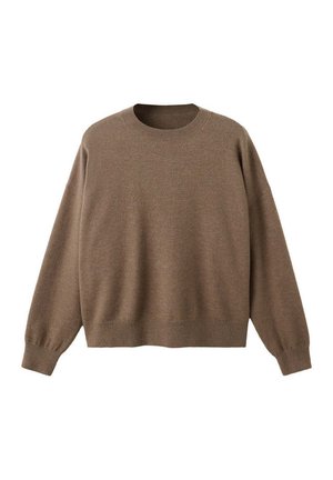 Jersey marrón de manga larga con cuello redondo, puños y dobladillo acanalados, mostrado plano sobre un fondo blanco.