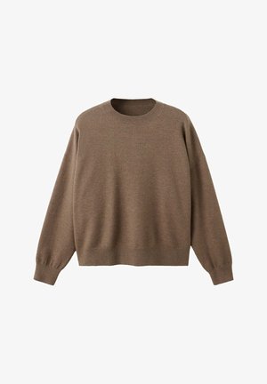 Jersey marrón de manga larga con cuello redondo, puños y dobladillo acanalados, mostrado plano sobre un fondo blanco.