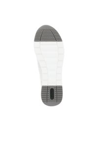 Suola di sneaker bianca con battistrada in gomma grigia testurizzata. Presenta scanalature orizzontali e verticali per la trazione. Marchio visibile sul tallone.