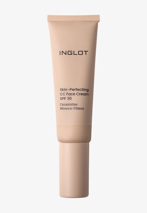 Tube beige de crème visage Inglot Skin-Perfecting CC avec SPF 30, contenant des céramides et des filtres minéraux.