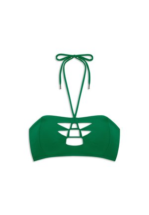 Haut de bikini vert avec un lien noué autour du cou et plusieurs découpes géométriques sur le centre avant, conçu pour les maillots de bain.