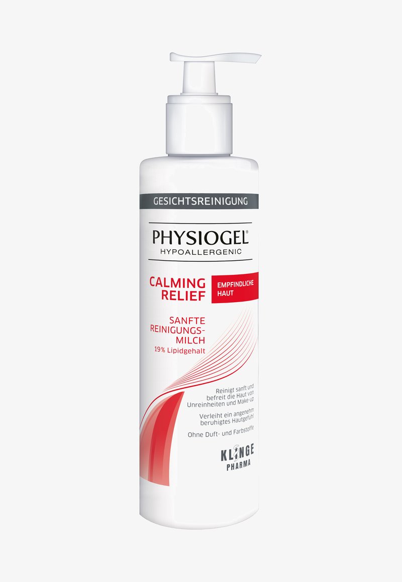 White cylindrical bottle with a pump top. Label features gray and red accents, detailing hypoallergenic cleansing milk for sensitive skin.