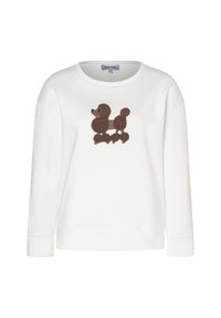 Weißes Sweatshirt mit rundem Ausschnitt und langen Ärmeln, das auf der Vorderseite ein strukturiertes braunes Pudel-Motiv zeigt. Weicher Stoff, lässige Passform.