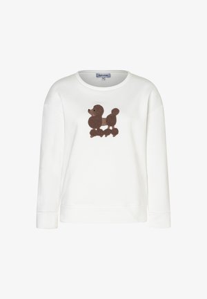Sweatshirt blanc avec un décolleté arrondi et des manches longues, présentant un design de caniche marron texturé sur le devant. Tissu doux, coupe décontractée.