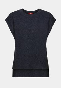 Gilet en tricot bleu marine foncé sans manches avec encolure ronde et ourlet côtelé sur un fond uni.