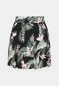 Jupe noire ornée d'un motif tropical de feuilles de palmier vertes et de fleurs roses, avec une taille élastiquée froncée et une coupe évasée.