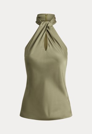 Haut dos nu vert olive en satin avec détail de tour de cou torsadé et ouverture en forme de trou de serrure à l'avant.