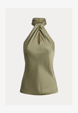 Haut dos nu vert olive en satin avec détail de tour de cou torsadé et ouverture en forme de trou de serrure à l'avant.