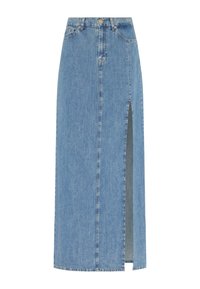 Gonna di jeans blu chiaro con alta abertura, design di lunghezza media e classico styling a cinque tasche con chiusura a bottone e zip.
