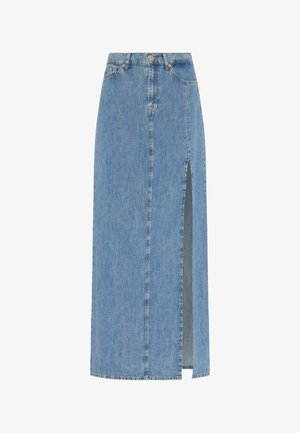 Hellblauer Jeansrock mit hohem Schlitz, mittellangem Design und klassischer Fünf-Taschen-Stil mit Knopf- und Reißverschluss.