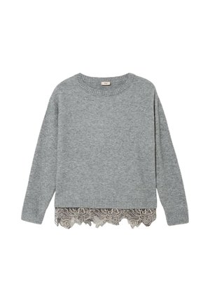 Grijze trui van zachte gebreide stof, met een losse pasvorm, geribde halslijn en een kanten rand aan de onderkant met bloemmotieven.
