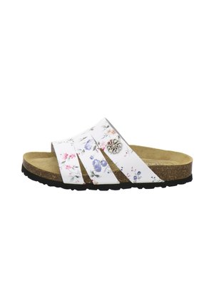 White slip-on sandal with cork sole, three floral-printed straps, and a decorative metal flower button on the middle strap.