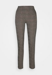 Pantaloni a motivo houndstooth marrone e nero, slim fit, con vita media e texture liscia. Nessun fissaggio visibile.