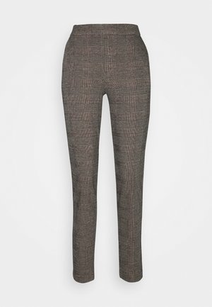 Spodnie w brązowo-czarny wzór houndstooth, slim fit, z średnim stanem i gładką fakturą. Brak widocznych zapięć.