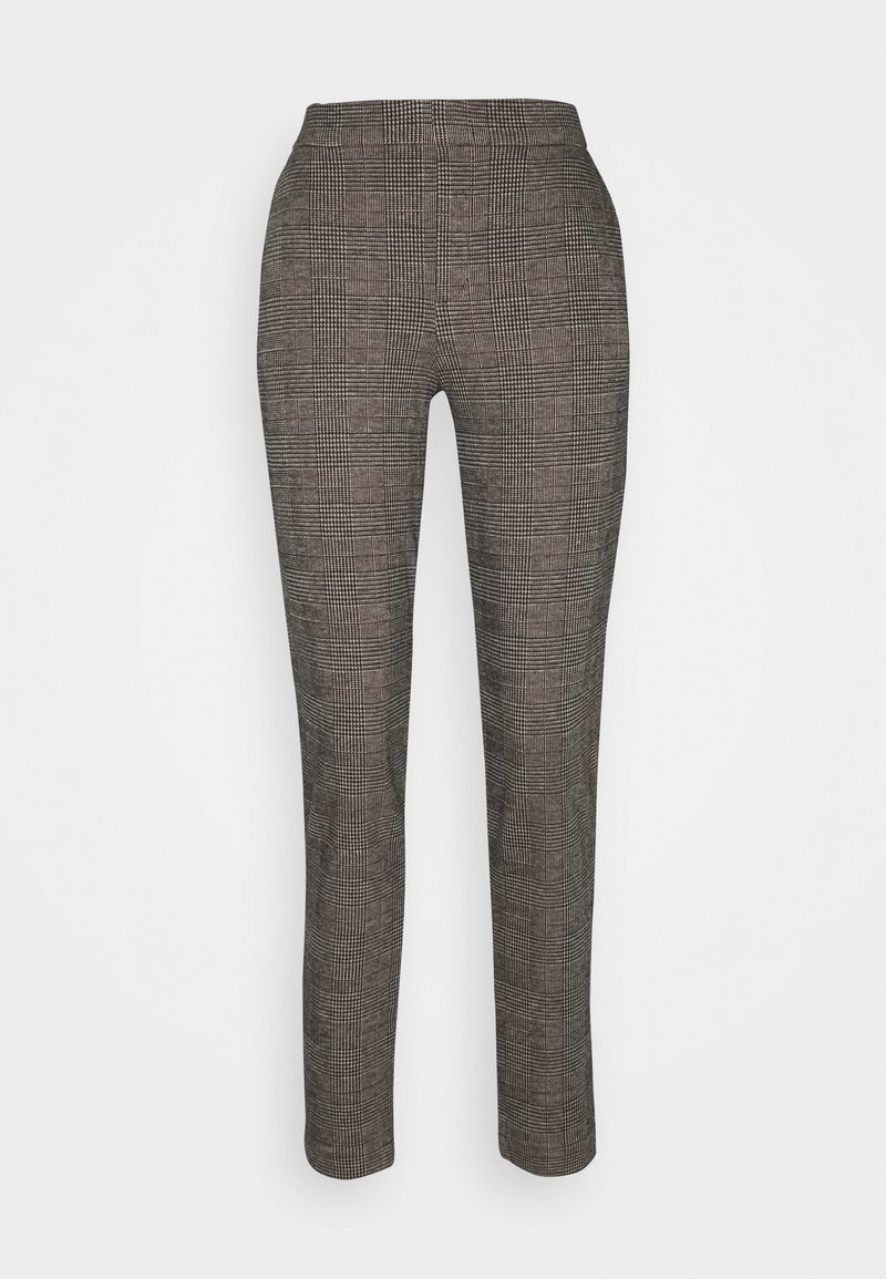 Pantaloni a motivo houndstooth marrone e nero, slim fit, con vita media e texture liscia. Nessun fissaggio visibile.
