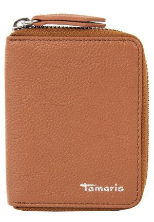 Brown leather wallet with textured surface, zip closure, and silver logo. Compact rectangular design with contrasting stitching detail.