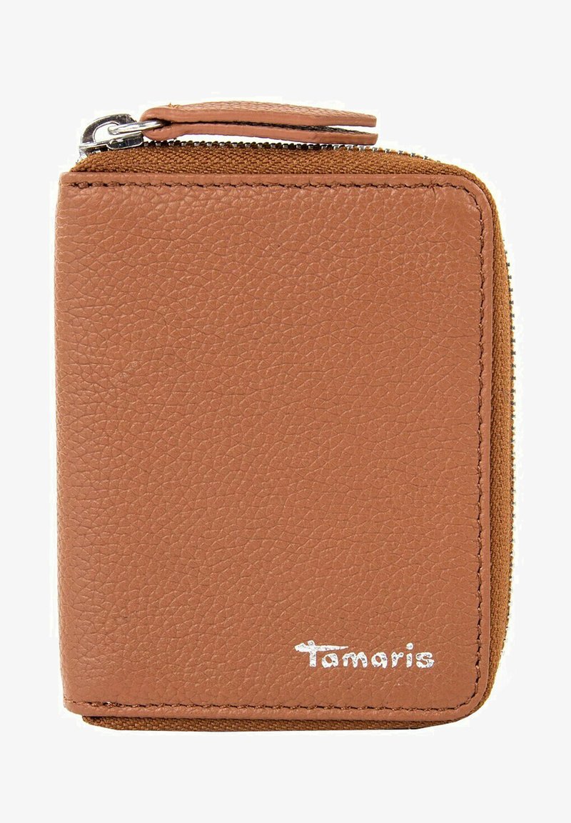 Brown leather wallet with textured surface, zip closure, and silver logo. Compact rectangular design with contrasting stitching detail.