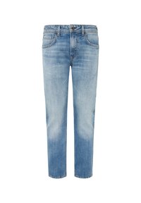 Jeans de mezclilla azul claro con un diseño de pierna recta, que presentan dos bolsillos frontales, un cierre de botón y detalles de costura en contraste.