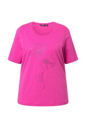 Helles pinkes Kurzarmhemd mit Rundhalsausschnitt, das auf der Vorderseite zwei glitzernde Blumenumrisse und das Wort "flower" in Kursivschrift zeigt.