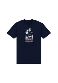 Marineblå bomulds-T-shirt med grafiktryk af to figurer med pigge, med titlen "HELLRAISER", fremhævet i hvidt og rødt.