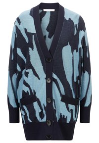 Stickad cardigan med ett blått och marinblått abstrakt mönster, V-ringning, fem knappar, sidofickor och ribbade manschetter och nederkant.