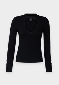 Haut à manches longues noir côtelé avec un décolleté en V profond et des boutons décoratifs aux poignets. Confectionné dans un tissu tricoté doux et texturé.