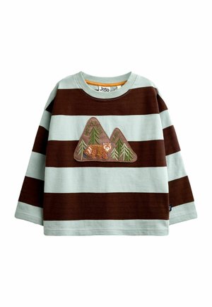 Kinder lange mouwen shirt met brede bruine en lichtgrijze horizontale strepen en een patch met bergen, bomen en een lopende beer.
