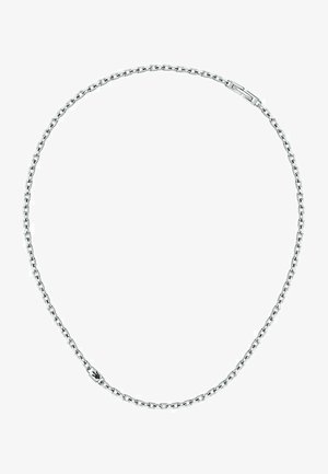 Silberne Metallkettenschnur mit kleinen, miteinander verbundenen Gliedern, die über eine glatte Oberfläche und ein sicheres Verschlussdesign verfügt.