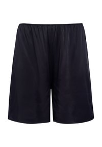 Shorts en satin noir avec une taille élastique, présentant une coupe ample et une texture lisse, conçus pour le confort et la liberté de mouvement.