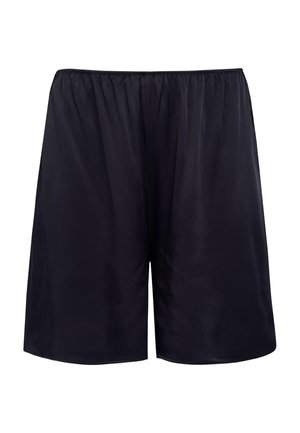 Zwarte satijnen shorts met een elastische tailleband, voorzien van een losse pasvorm en een gladde textuur, ontworpen voor comfort en bewegingsvrijheid.