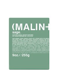 Salbei-Duftkerze in einem matten grünen rechteckigen Behälter, mit weißem Text und einem Gewicht von 9 oz (255 g). Mit Baumwolldocht.