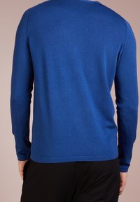 Blue knit sweater with long sleeves, round neckline, and a textured finish. Features a straight hem and soft fabric.