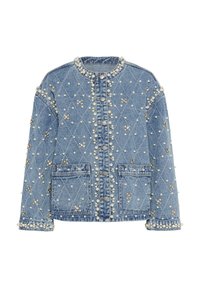 Denim jacket with a light blue color, diamond pattern, embellished with pearls and rhinestones, featuring front pockets and snap buttons.