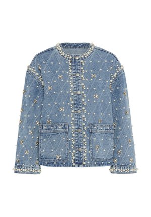 Denim jacket with a light blue color, diamond pattern, embellished with pearls and rhinestones, featuring front pockets and snap buttons.